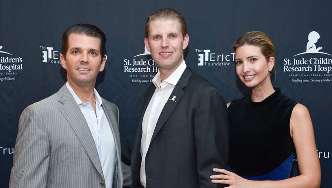 Donald Trump Jr., Eric Trump and Ivanka Trump attend the 9th Annual Eric Trump Foundation Golf Invitational Auction & Dinner at Trump National Golf Club Westchester on Sept. 21, 2015, in Briarcliff Manor, N.Y.