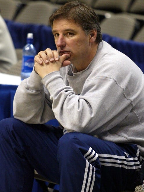 Iowa State head coach Larry Eustachy watches his team practice for the Big 12 basketball tournament in Dallas, Wednesday, March 12, 2003.