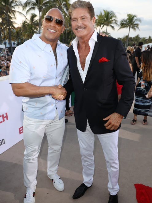 Dwayne Johnson and David Hasselhoff, the two Mitch Buchannons, at the 'Baywatch' premiere.