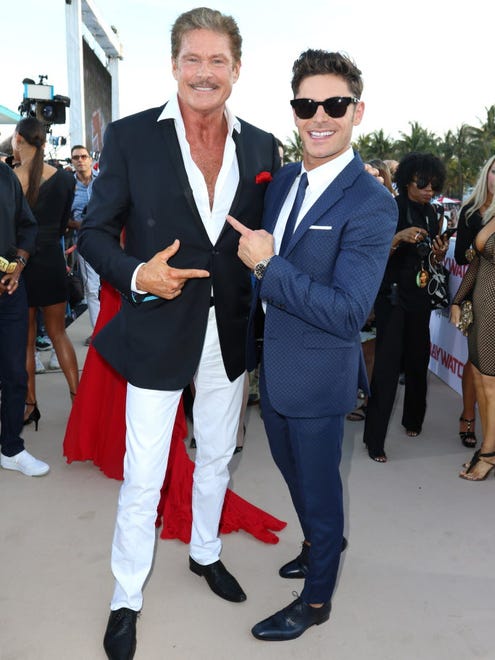 Two generations of 'Baywatch': David Hasselhoff, left, and Zac Efron at Saturday's premiere.