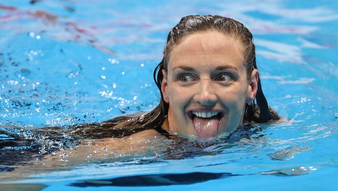 Katinka Hosszu of Hungary reacts after winning the women's 200-meter individual medley.