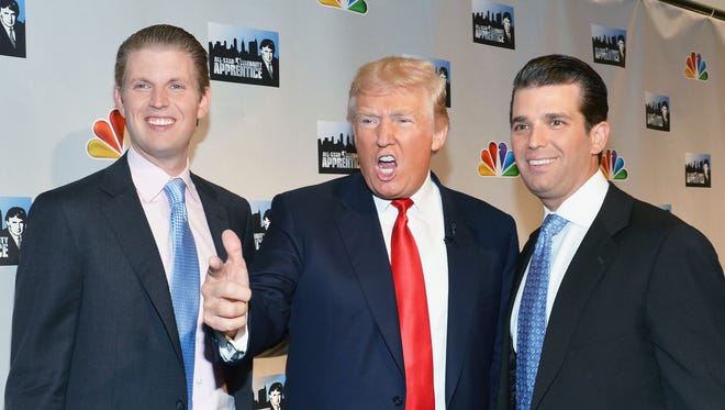 Eric Trump, Donald Trump and Donald Trump Jr. attend the "Celebrity Apprentice All Stars" Season 13 Press Conference at Jack Studios on Oct. 12, 2012, in New York.