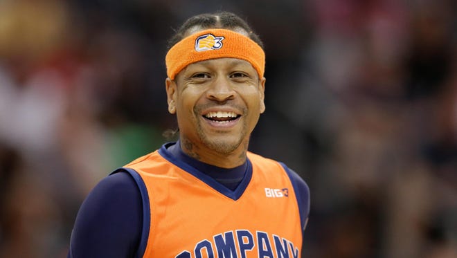 3's Company player Allen Iverson smiles during a game against the Ghost Ballers at Spectrum Center.