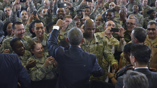 President Obama greets service members after speaking on counterterrorism at MacDill Air Force Base in Tampa on Dec. 6, 2016.