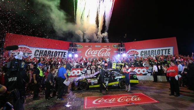 Fireworks explode in victory lane after Carl Edwards wins the 2015 Coca-Cola 600 at Indianapolis Motor Speedway on May 24.