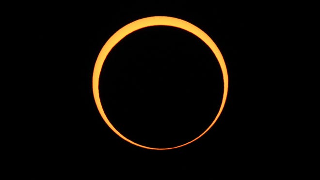The moon appears to cover the sun during an annular eclipse of the sun on May 20, 2012 as seen from Chaco Culture National Historical Park in Nageezi, Ariz.