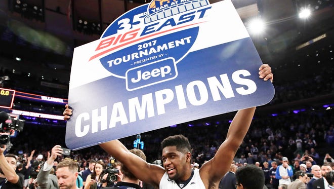 Villanova's Kris Jenkins  celebrates after the Wildcats defeated Creighton in the finals of the Big East men's tournament on March 11 in New York. Villanova won 74-60.