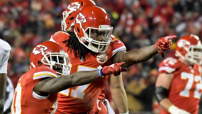 Kansas City Chiefs wide receiver Chris Conley (17) reacts after making a first down against the Oakland Raiders during a NFL football game at Arrowhead Stadium.