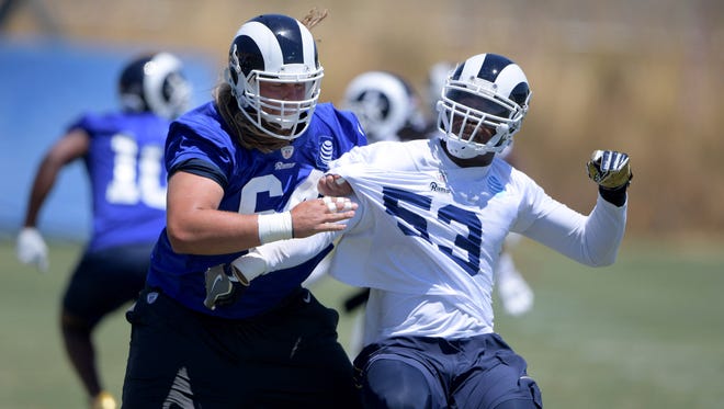 Los Angeles Rams tackle Andrew Donnal (64) defends against linebacker Carlos Thompson (53) during organized team activities at Cal Lutheran University.