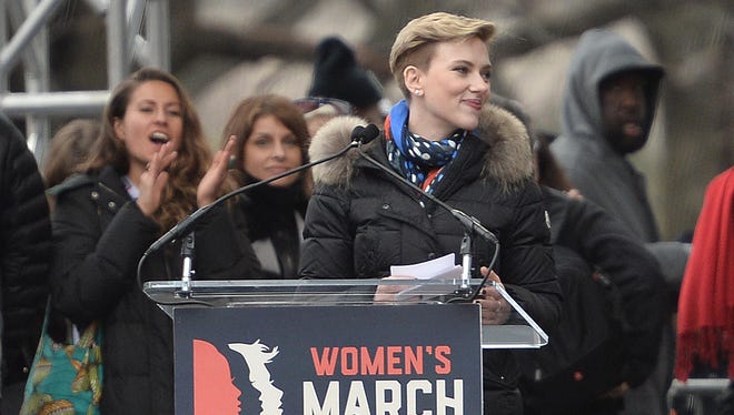 Scarlett Johansson speaks during a protest on the National Mall in Washington, DC, for the Women's March, Saturday.
