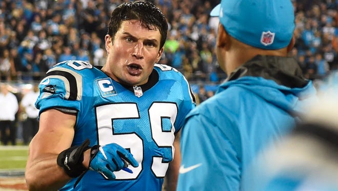 Carolina Panthers middle linebacker Luke Kuechly (59) reacts in the second quarter at Bank of America Stadium.