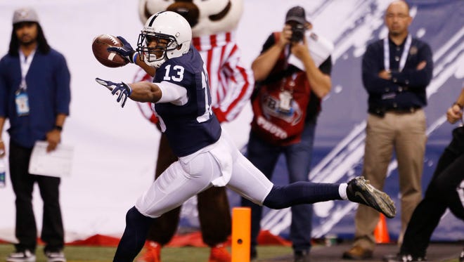 Penn State wide receiver Saeed Blacknall scores a touchdown against Wisconsin during the Big Ten Championship Game at Lucas Oil Stadium in Indianapolis.