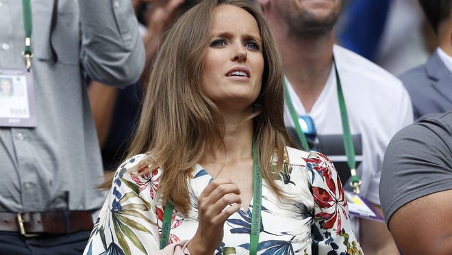 Kim Sears, wife of Britain's Andy Murray, reacts after he won against Kazakhstan's Alexander Bublik.
