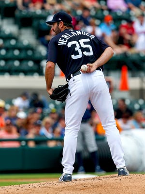 Justin Verlander prepares to throw a pitch in a spring game.