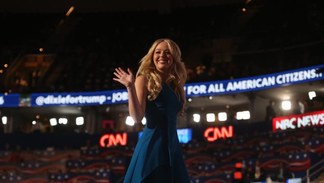 Tiffany Trump waves to the crowd after her speech during the Republican National Convention on July 19, 2016.