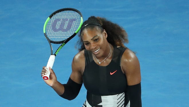Serena Williams celebrates a winning a point during her second round match against Lucie Safarova during the 2017 Australian Open at Melbourne Park on Jan. 19.