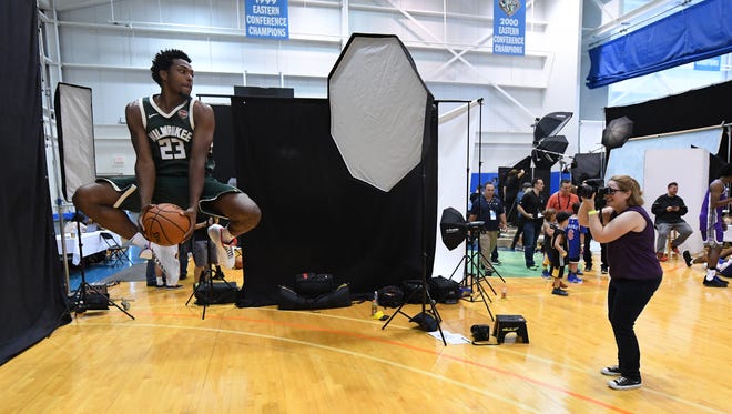 Milwaukee Bucks' Sterling Brown gets his action photos done.