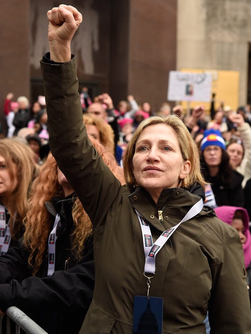 Power!  Edie Falco attends the Women's March on Washington rally, Saturday.