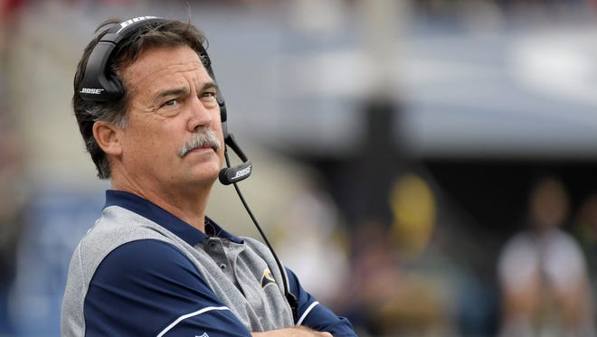 Los Angeles Rams coach Jeff Fisher reacts during the game against the Atlanta Falcons at Los Angeles Memorial Coliseum.