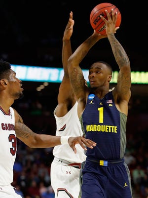 GREENVILLE, SC - MARCH 17: Duane Wilson #1 of the Marquette Golden Eagles looks to shoot against  the South Carolina Gamecocks in the first half during the first round of the 2017 NCAA Men's Basketball Tournament at Bon Secours Wellness Arena on March 17, 2017 in Greenville, South Carolina.  (Photo by Gregory Shamus/Getty Images)