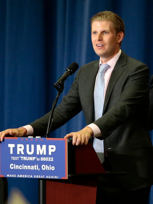Eric Trump speaks about his father's character during a campaign rally in Sharonville, Ohio, on July 6, 2016.