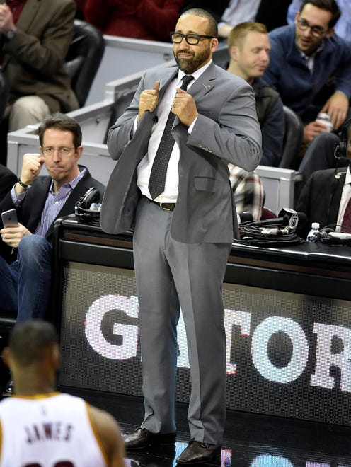 Dec 13, 2016; Cleveland, OH, USA; Memphis Grizzlies head coach David Fizdale reacts in the fourth quarter against the Cleveland Cavaliers at Quicken Loans Arena. Mandatory Credit: David Richard-USA TODAY Sports