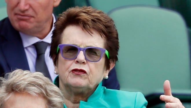 Tennis legend Billie Jean King sits in the Royal Box on Center Court.