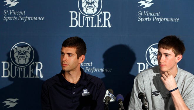 Butler basketball player Gordon Hayward made his NBA plans official Friday, May 7, 2010 at Hinkle Fieldhouse in Indianapolis, IN, announcing that he's staying in the NBA draft. Joining Hayward at the announcement was Butler head coach Brad Stevens. (Sam Riche / The Indianapolis Star)