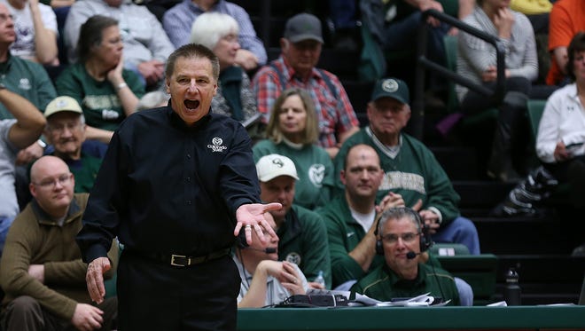 Rams head coach Larry Eustachy reacts to a call during Colorado State's 97-93 double overtime win over the Boise State Broncos in 2016.