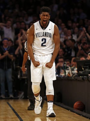 Villanova Wildcats forward Kris Jenkins reacts against the Creighton Bluejays during the first half of the Big East Conference Tournament final game at Madison Square Garden.
