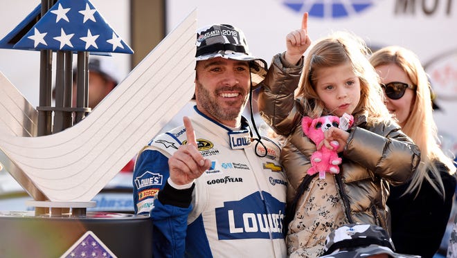 Feb. 28: Jimmie Johnson (with his daughter Genevieve) wins the Folds of Honor QuikTrip 500 at Atlanta Motor Speedway.