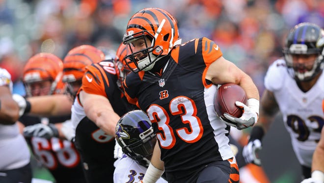 Cincinnati Bengals running back Rex Burkhead (33) carries the ball for a touchdown after breaking a tackle against Baltimore Ravens strong safety Matt Elam (33) in the first half at Paul Brown Stadium.