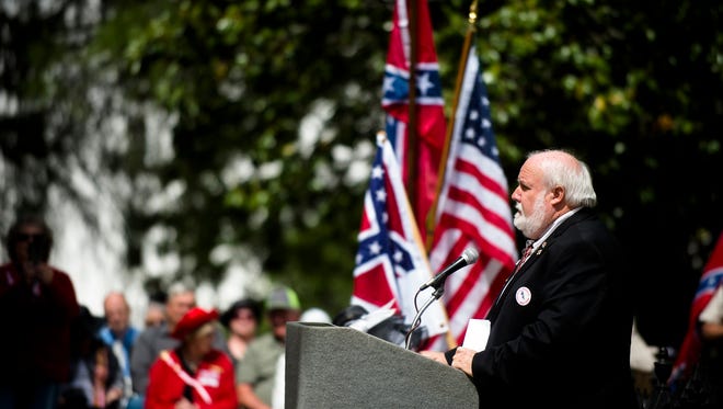 Jimmy Hill speaks during a Confederate Memorial Day service outside the Alabama Capitol on Monday, April 24, 2017, in Montgomery, Ala.