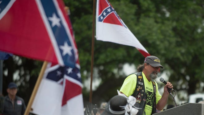 Pat McMurry speaks during a Confederate Memorial Day service outside the Alabama Capitol on Monday, April 24, 2017, in Montgomery, Ala.
