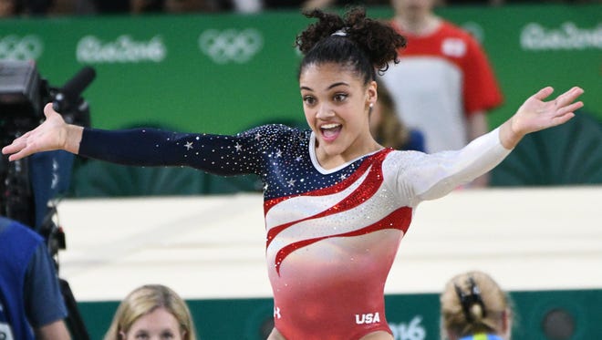 Laurie Hernandez (USA) competes during the women's team finals in the Rio 2016 Summer Olympic Games at Rio Olympic Arena.