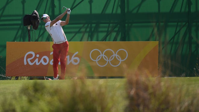 Martin Kaymer of Germany tees off during preparation for the golf competition in the Rio 2016 Summer Olympic Games at Olympic Gold Course.