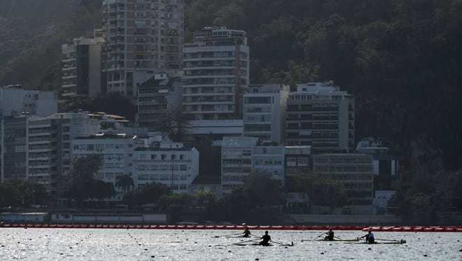A general view during the men's rowing single scull quarterfinals in the Rio 2016 Summer Olympic Games at Lagoa Stadium.