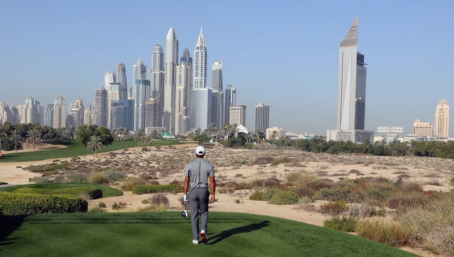 Tiger Woods on the eighth hole during the Pro Am event prior to the start of the Omega Dubai Desert Classic at Emirates Golf Club on Feb. 1.