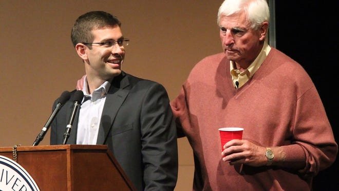 Knight came out before he was introduced and joined Stevens at the podium. Former Indiana University basektball coach Bob Knight spoke at Clowes Hall on the Butler campus Wednesday September 14, 2011. He was introduced by Butler head basketball coach Brad Stevens, left. Rob Goebel/The Star.