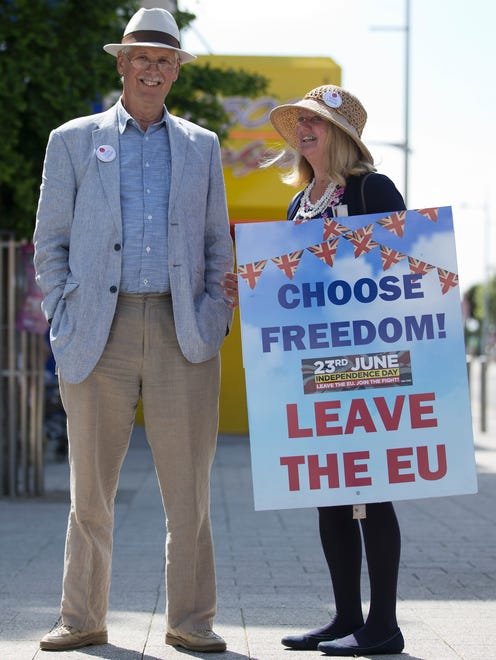 A "Leave" campaigner is seen in Clacton-on-Sea as UK Independence Party (UKIP) leader Nigel Farage visits on June 21, 2016.
