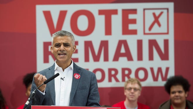 London Mayor Sadiq Khan delivers a speech at a 'Vote Remain' event in London on June 22, 2016.