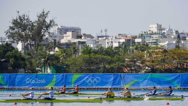 A general view during the men's pair semifinal rowing competition in the Rio 2016 Summer Olympic Games at Lagoa Stadium.