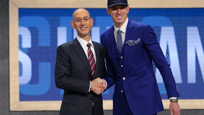 Jun 22, 2017; Brooklyn, NY, USA;  T.J. Leaf (UCLA) is introduced by NBA commissioner Adam Silver as the number eighteen overall pick to the Indiana Pacers in the first round of the 2017 NBA Draft at Barclays Center. Mandatory Credit: Brad Penner-USA TODAY Sports