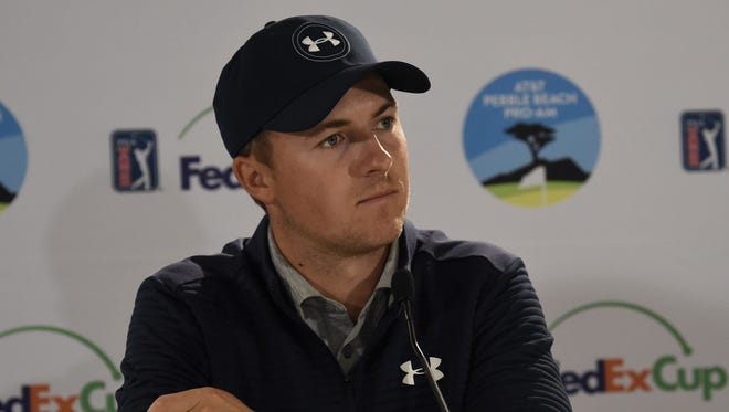 Jordan Spieth talks during a pre-tournament press conference for the AT&T Pebble Beach Pro-Am at Pebble Beach Golf Links on Feb. 8.