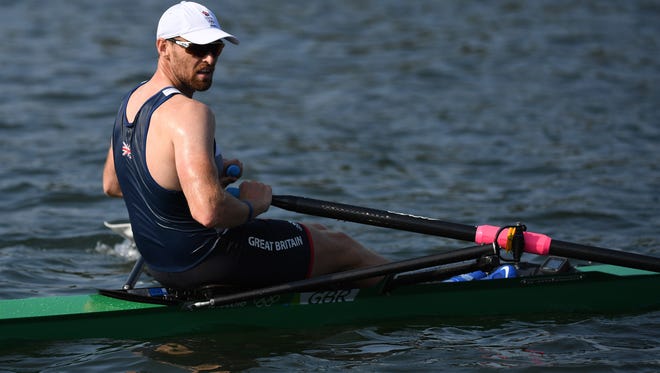 Alan Campbell of Great Britain competes during the men's rowing single scull quarterfinals in the Rio 2016 Summer Olympic Games at Lagoa Stadium.