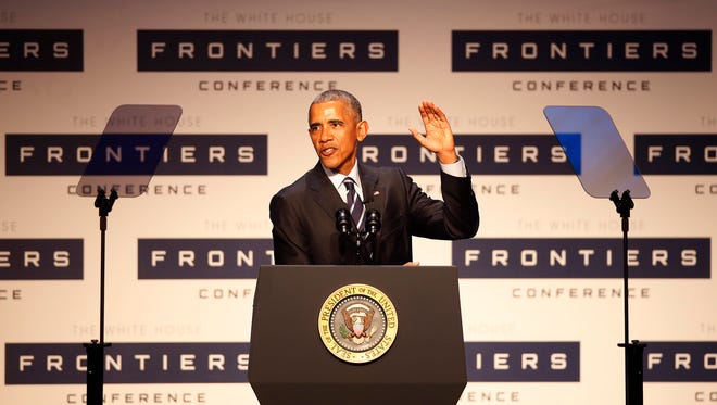 Obama speaks at the White House Frontiers Conference at the Jared L. Cohon Center on the campus of Carnegie Mellon University in Pittsburgh on Oct. 13, 2016.