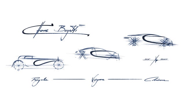 Sketches of the focal line from three of Bugatti's most famous automobiles, the Royale, the Veyron, and the Chiron. In bold on each sketch is the line - that of which on the Chiron makes a swooping C shape.