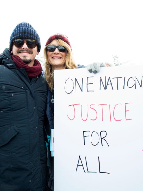 Actress Laura Dern, right, participates in the Women's March during the Sundance Film Festival.