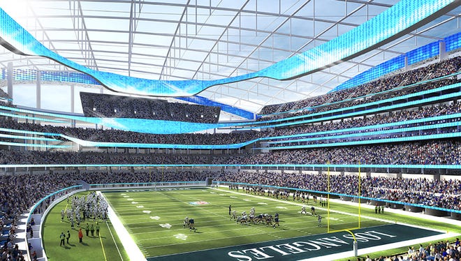 This undated rendering provided by HKS Sports & Entertainment shows a proposed NFL football stadium in Inglewood, Calif. During an NFL owners meeting Tuesday, Jan. 12, 2016, in Houston the owners voted to allow the St. Louis Rams to move to a new stadium just outside Los Angeles, and the San Diego Chargers will have an option to share the facility. The stadium would be at the site of the former Hollywood Park horse-racing track.