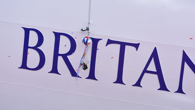 The remnants of a bottle of British-made sparkling wine that smashed against the hull of P&O Cruises' Britannia during the ship's christening ceremony on March 10, 2015.